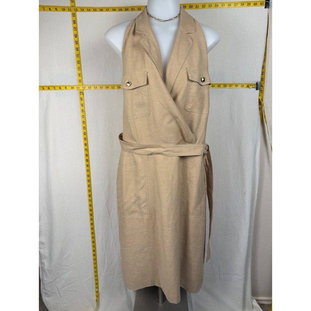 Ann Taylor Chic Halter Wrap Dress 14P Tan Smocked Back Linen Blend Belted Office